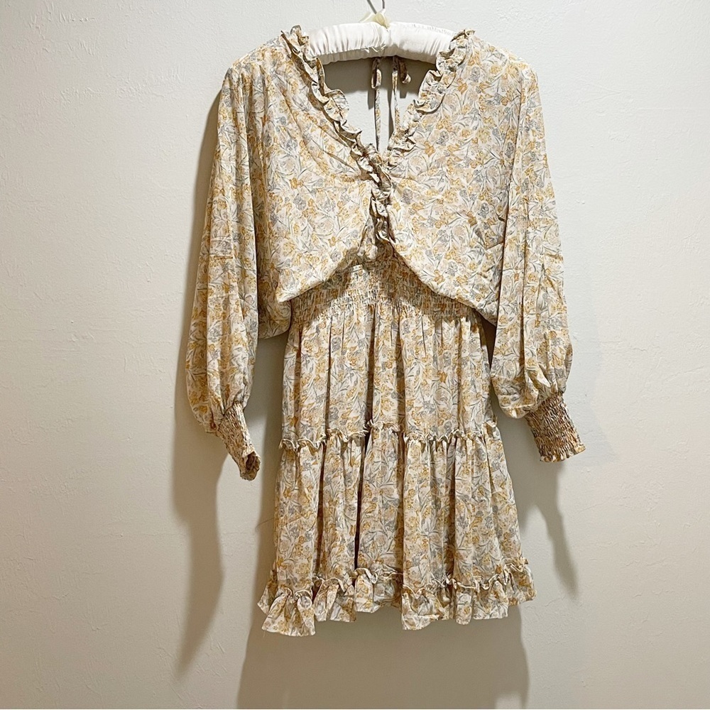 YA LOS ANGELES Women’s Beige Blue Yellow Floral Dress Ruffles Puff Sleeves Sz S